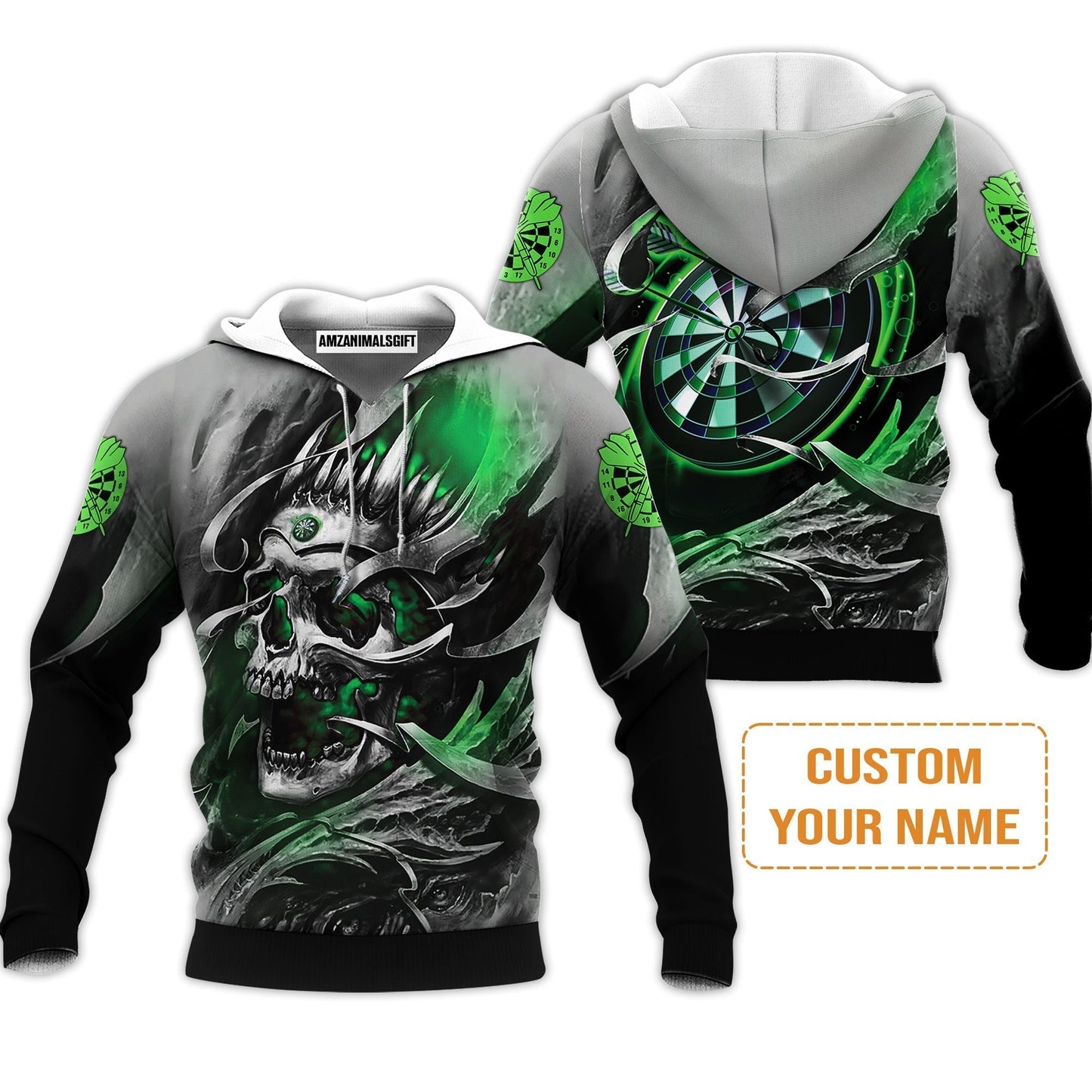 Darts T-Shirt Custom Name - Green Skull Dartboard Personalized T-Shirt For Men