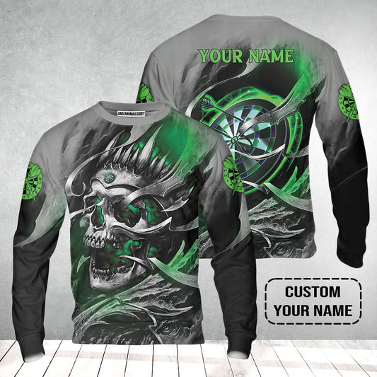 Darts Sweatshirt Custom Name - Green Skull Dartboard Personalized Sweatshirt For Men