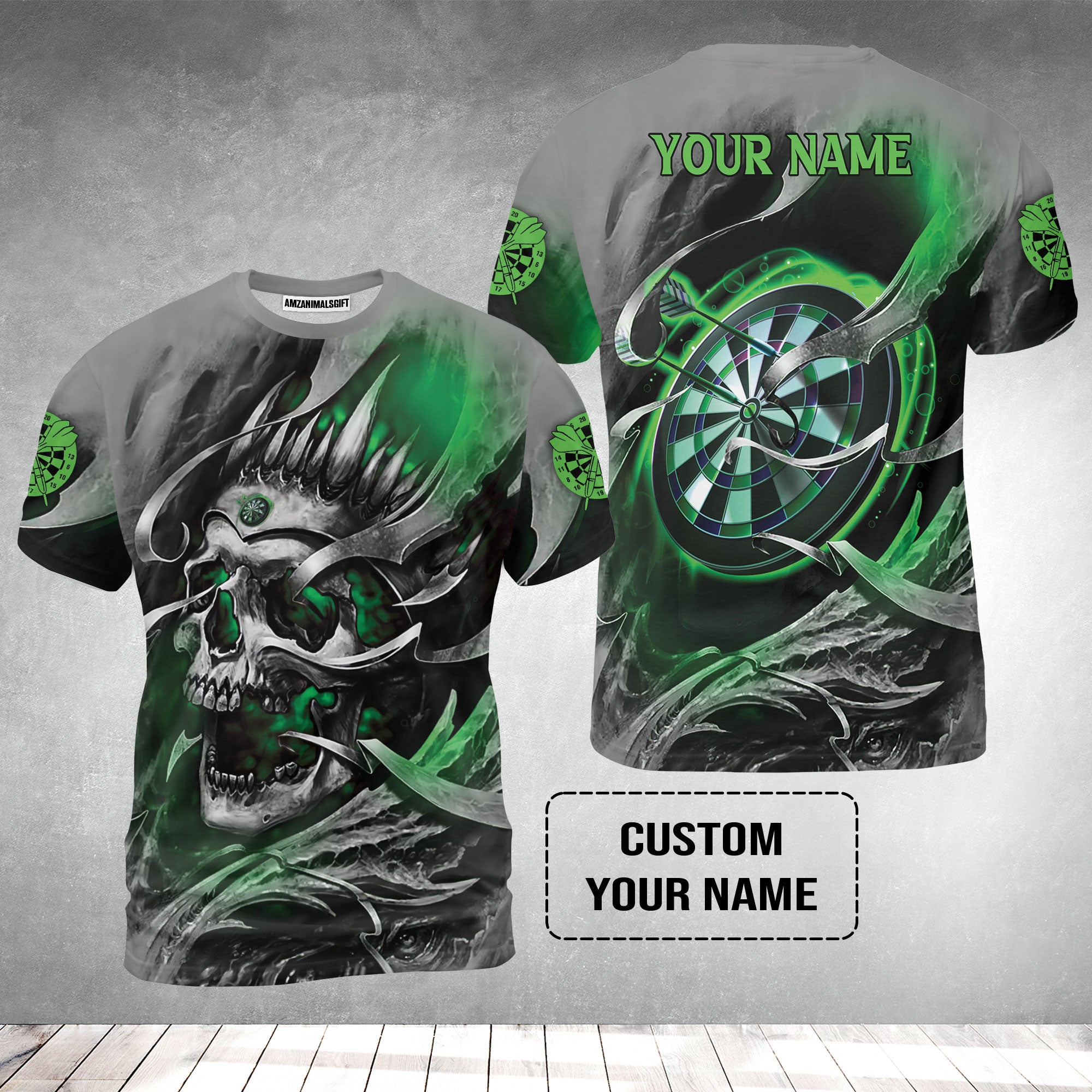 Darts T-Shirt Custom Name - Green Skull Dartboard Personalized T-Shirt For Men