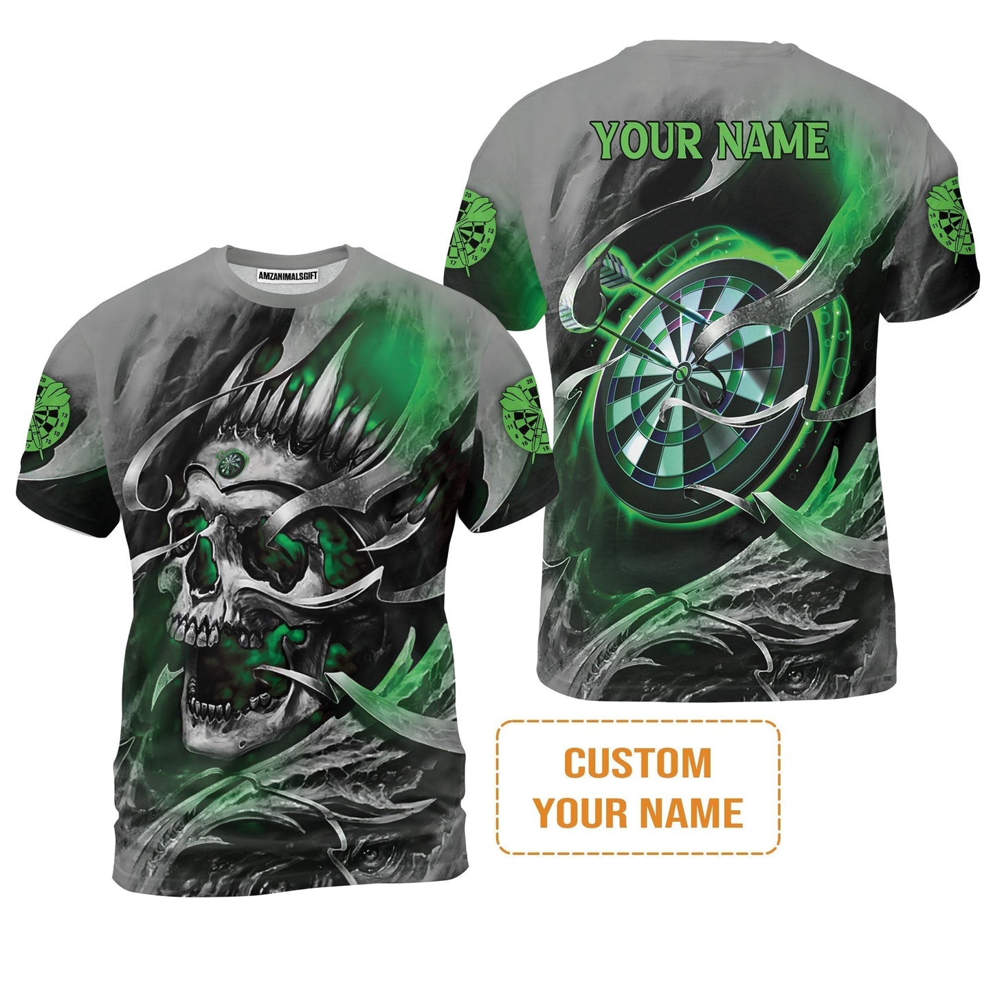 Darts T-Shirt Custom Name - Green Skull Dartboard Personalized T-Shirt For Men