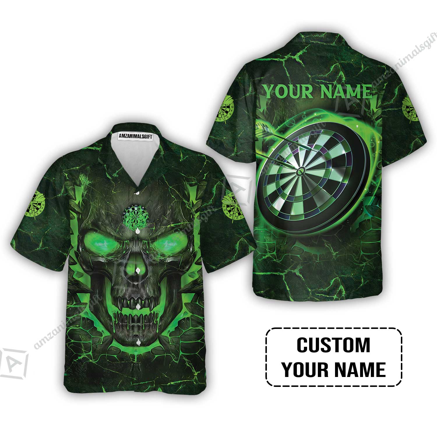 Customized Darts Hawaiian Shirt, Flame Green Skull Dartboard Personalized Skull And Darts Hawaiian Shirt