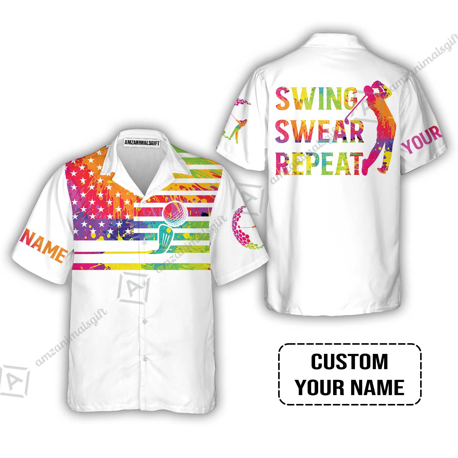 Golf Hawaiian Shirt - Funny Watercolor American Flag Custom Name White Apparel - Swing Swear Repeat Golf Hawaiian Shirt