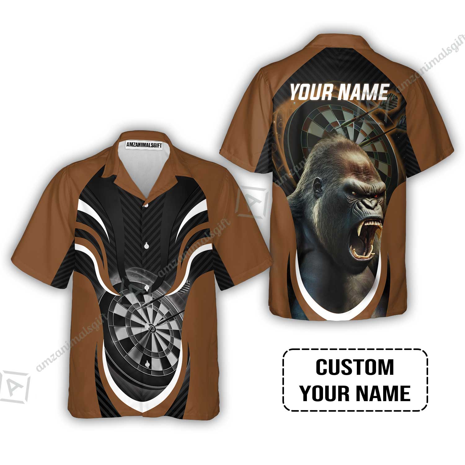 Gorilla And Darts Custom Name Hawaiian Shirt, Bullseye Dartboard Brown Personalized Hawaiian Shirt