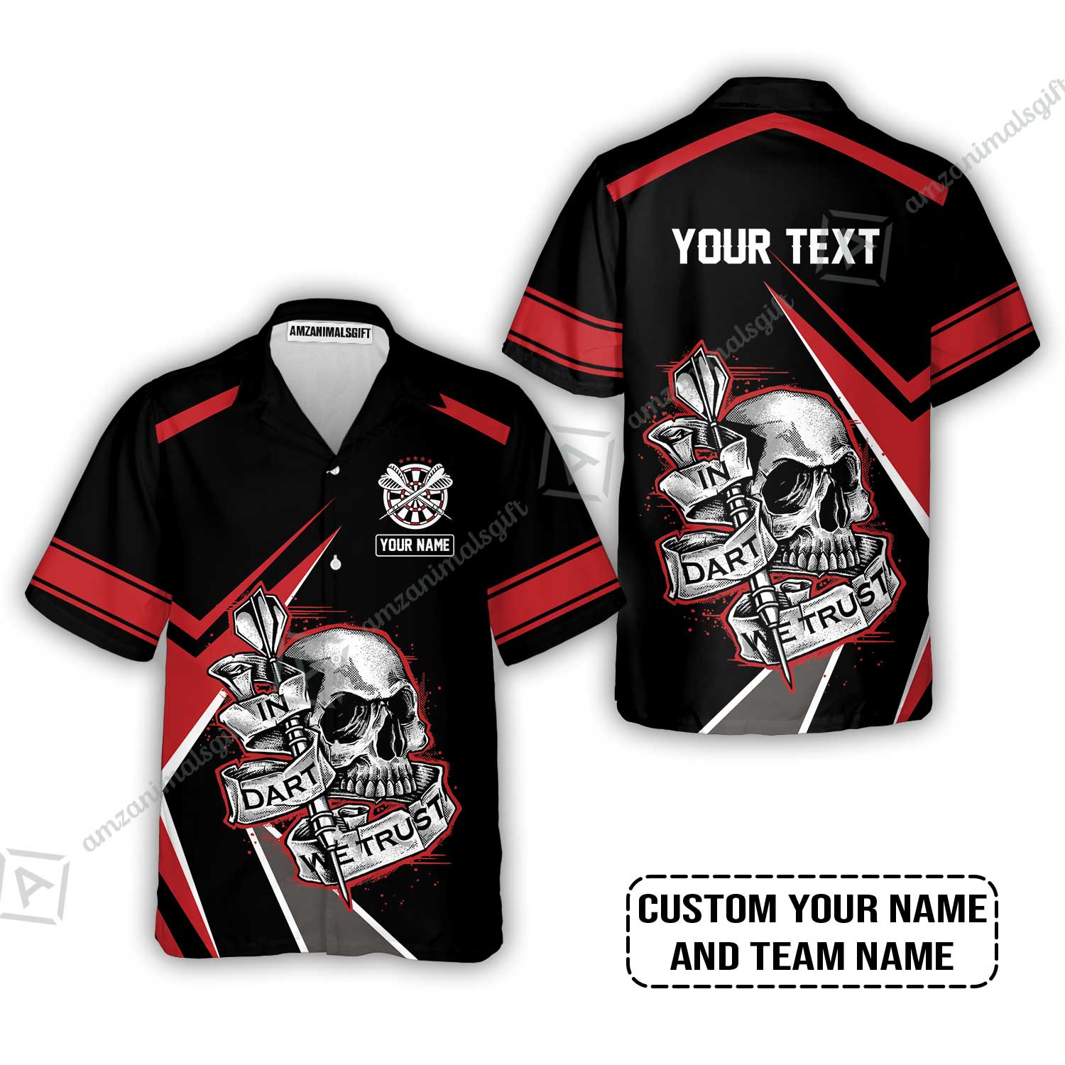 Customized Name & Text Darts Hawaiian Shirt, Skull In Darts We Trust Personalized Darts Hawaiian Shirt