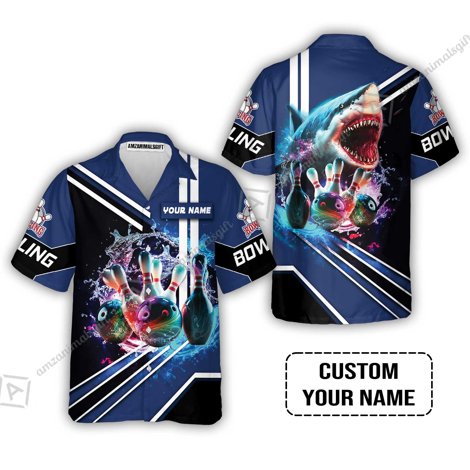 Bowling Custom Hawaiian Shirt - Custom Name Shark Team Rainbow Bowling Ball And Pins On Water Personalized Hawaiian Shirt