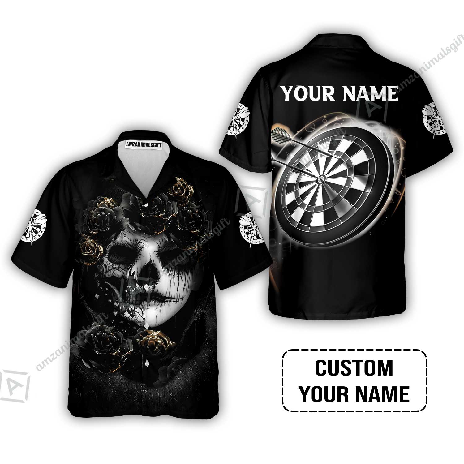 Customized Name Darts Hawaiian Shirt, Flower Skull Girl And Dartboard Personalized Hawaiian Shirt