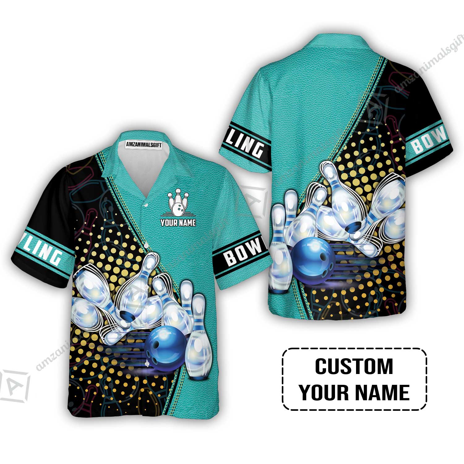 Custom Bowling Hawaiian Shirt - Black And Blue Bowling Ball Pattern Personalized Name Hawaiian Shirt