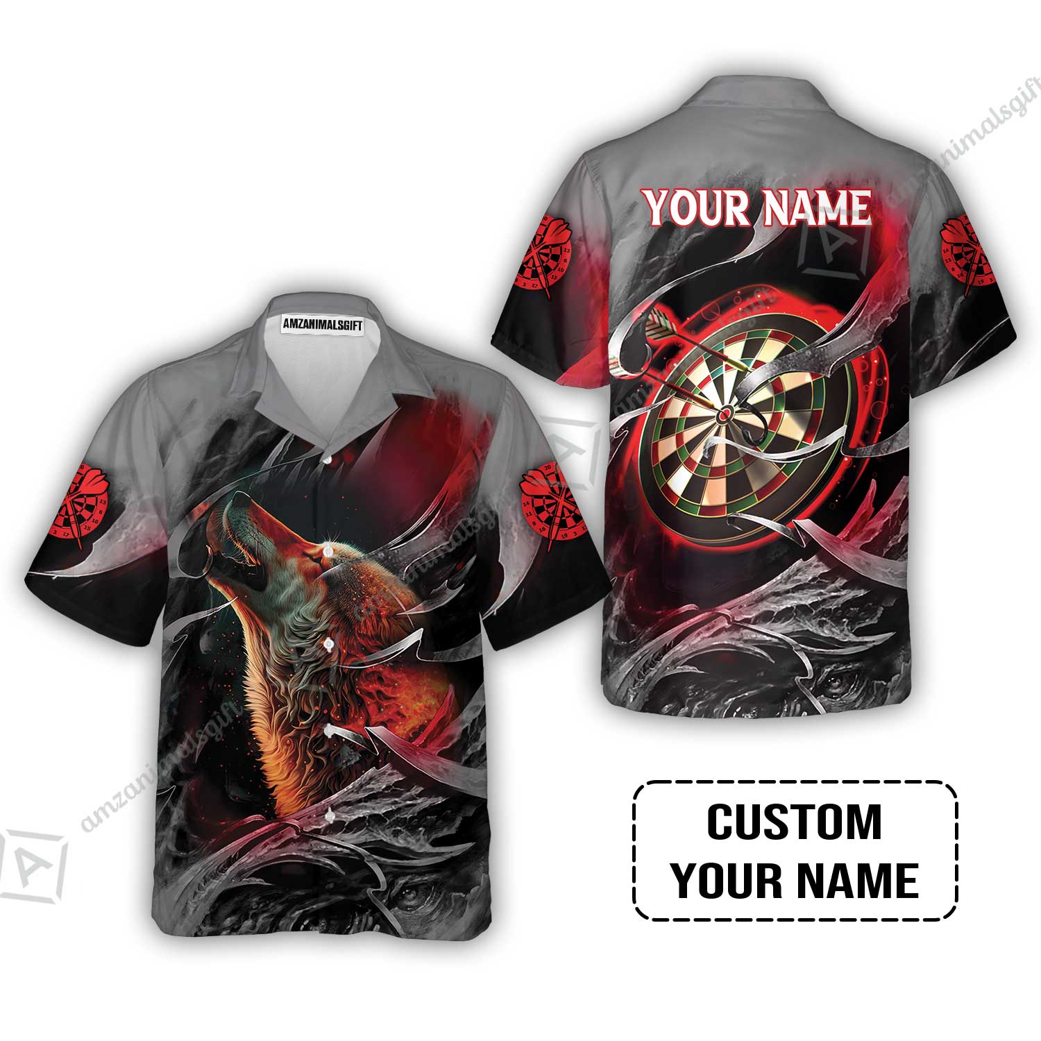 Customized Name Darts Hawaiian Shirt, Bullseye Dartboard Personalized Flame Wolf And Darts Hawaiian Shirt