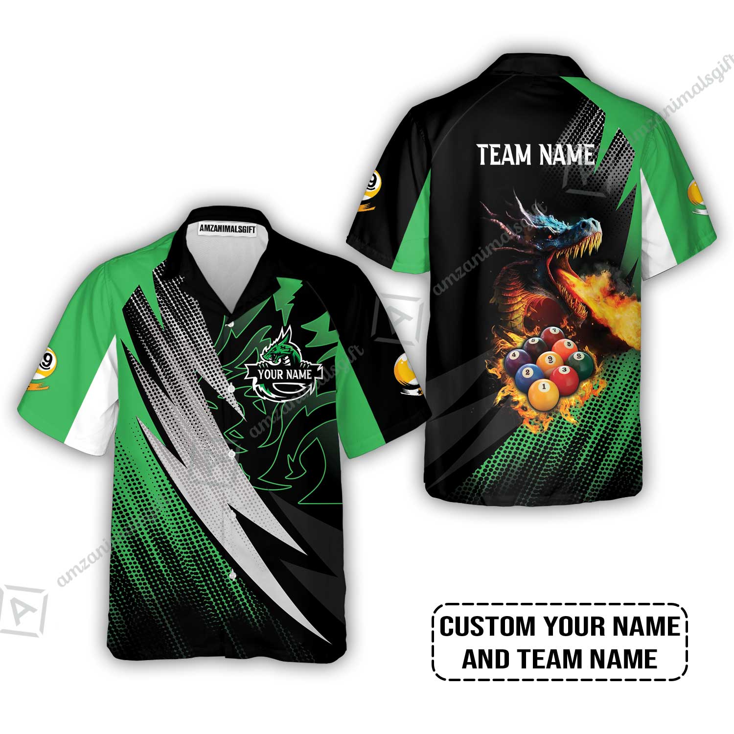 Custom Billiards Hawaiian Shirt, Custom Name And Team Name Billiards Pool 9 Ball Dragon Green Pattern Hawaiian Shirt