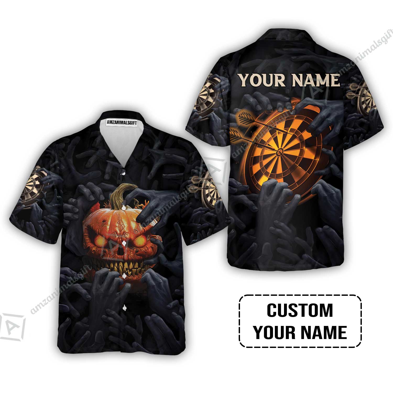 Customized Name Darts Hawaiian Shirt, Bullseye Dartboard Personalized Pumpkin And Darts Hawaiian Shirt