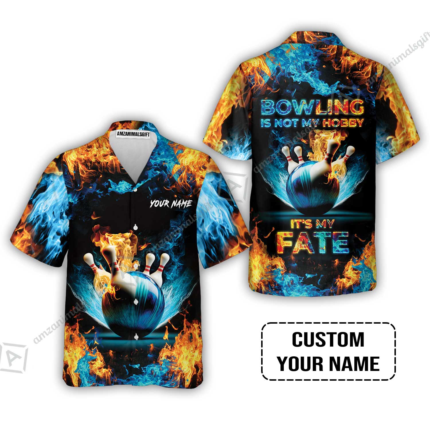 Bowling Custom Hawaiian Shirt - Custom Name Blue Bowling Ball And Pins On Fire Personalized Bowling Hawaiian Shirt