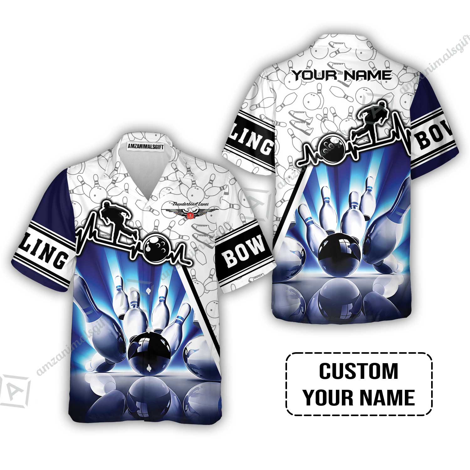 Customized Name Bowling Hawaiian Shirt, Personalized Unique Design Blue Heartbeat Bowling Hawaiian Shirt