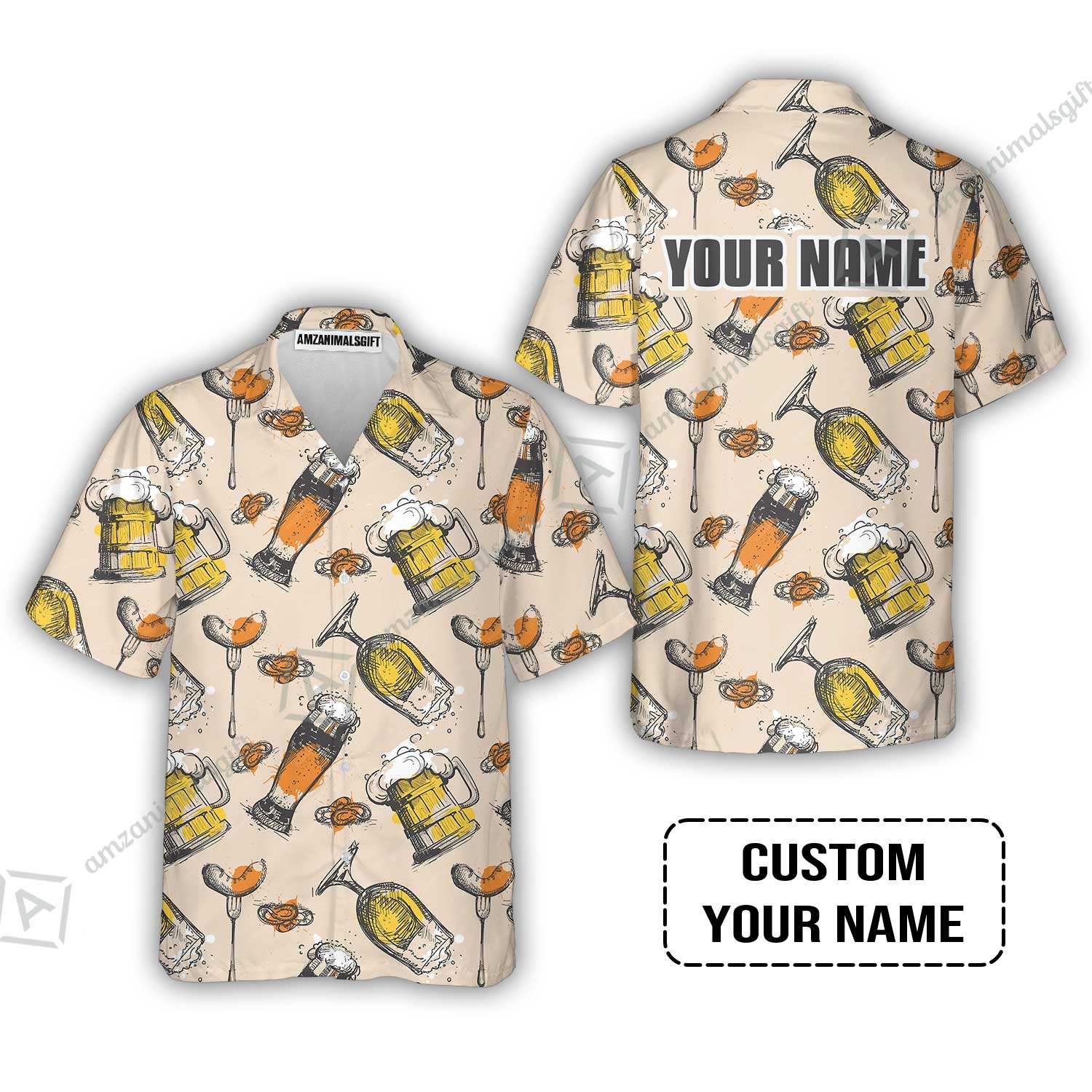 Custom Cream Black Beer Pattern Design Oktoberfest Beer Festival Performance Hawaiian Shirt