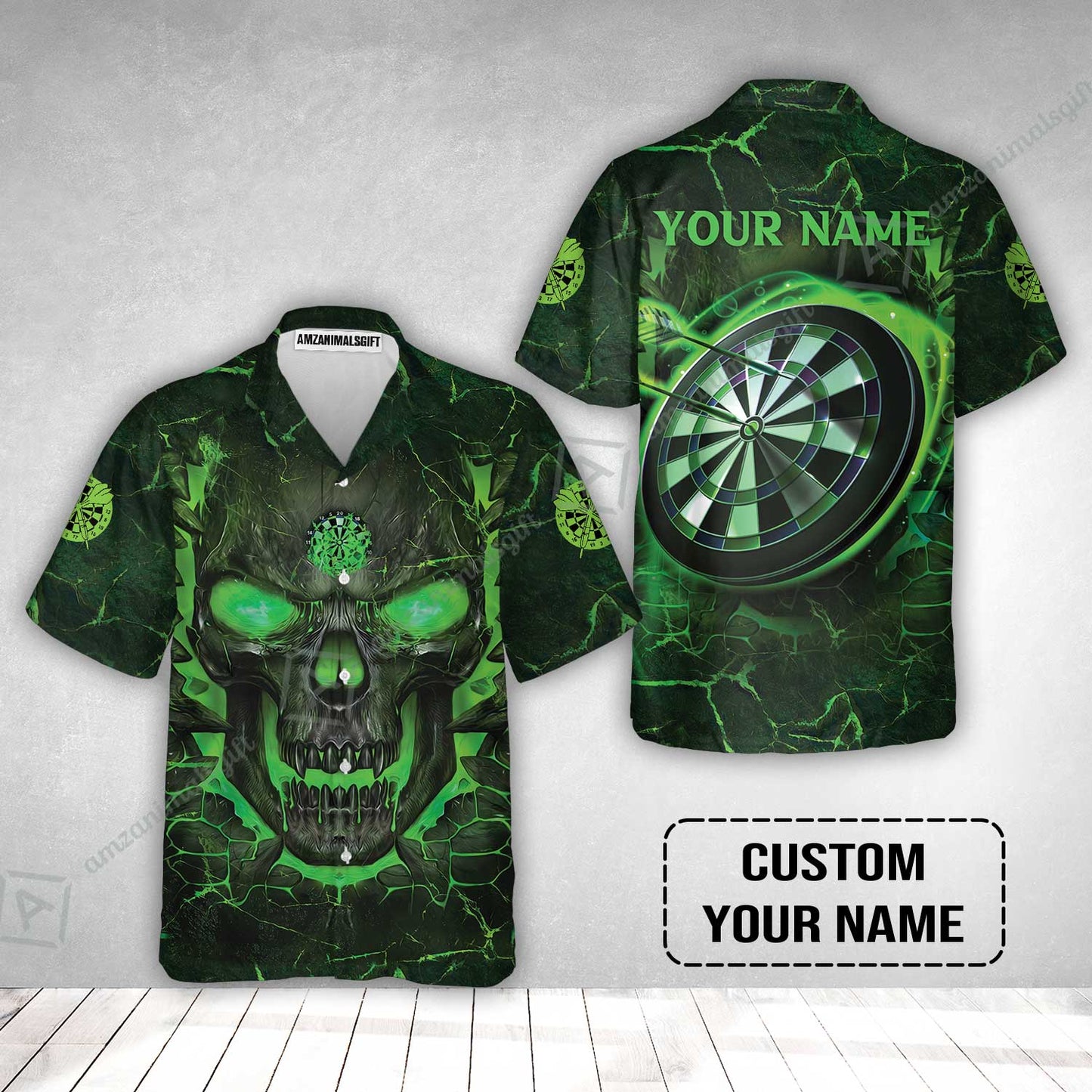 Customized Darts Hawaiian Shirt, Flame Green Skull Dartboard Personalized Skull And Darts Hawaiian Shirt