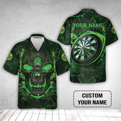 Customized Darts Hawaiian Shirt, Flame Green Skull Dartboard Personalized Skull And Darts Hawaiian Shirt