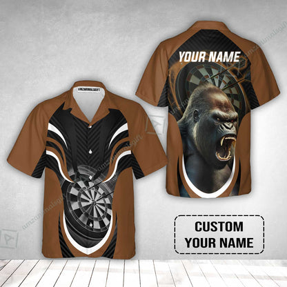 Gorilla And Darts Custom Name Hawaiian Shirt, Bullseye Dartboard Brown Personalized Hawaiian Shirt