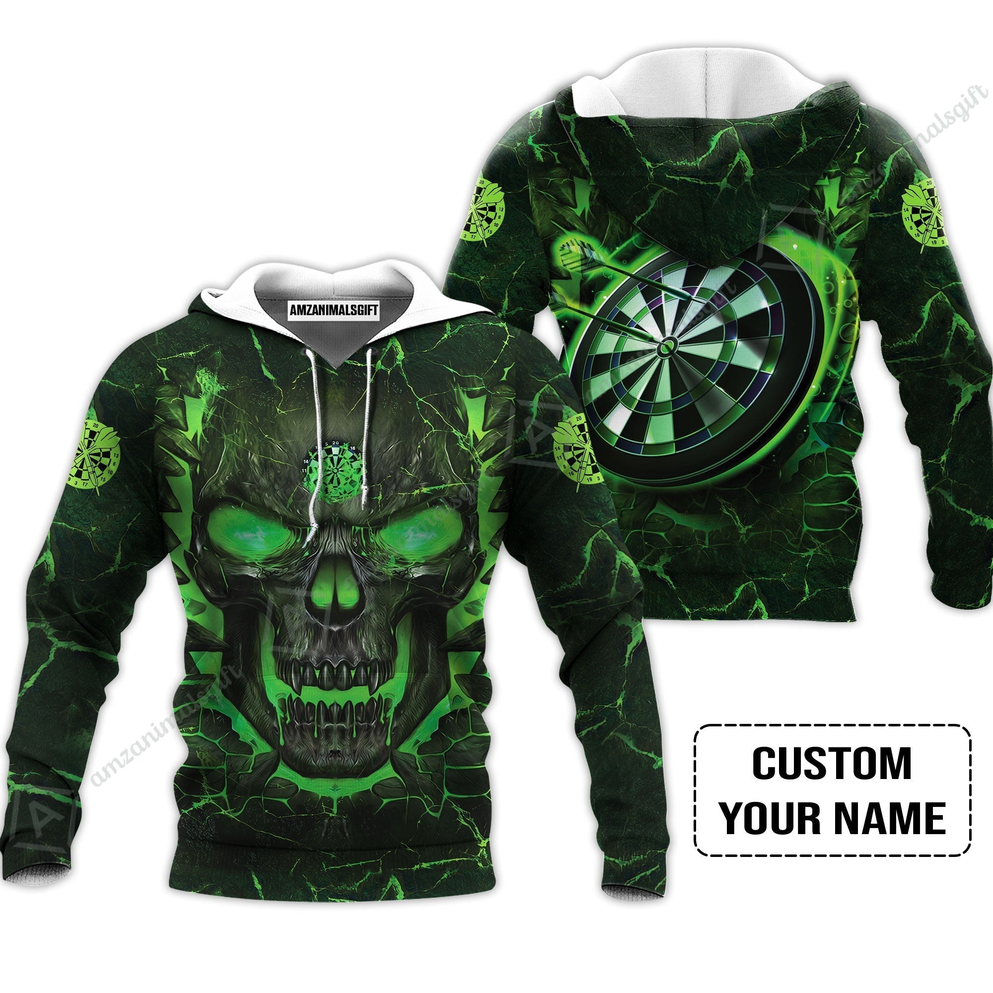 Customized Darts Hoodie, Flame Green Skull Dartboard Personalized Skull And Darts Hoodie