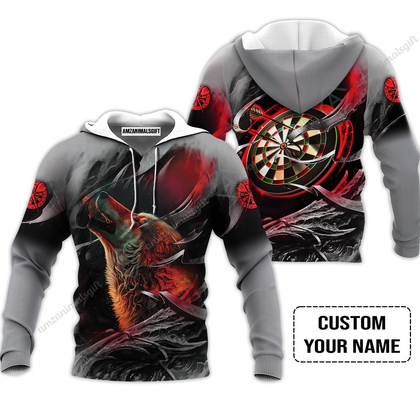 Customized Name Darts Long Polo Shirt, Bullseye Dartboard Personalized Flame Wolf And Darts Long Polo Shirt