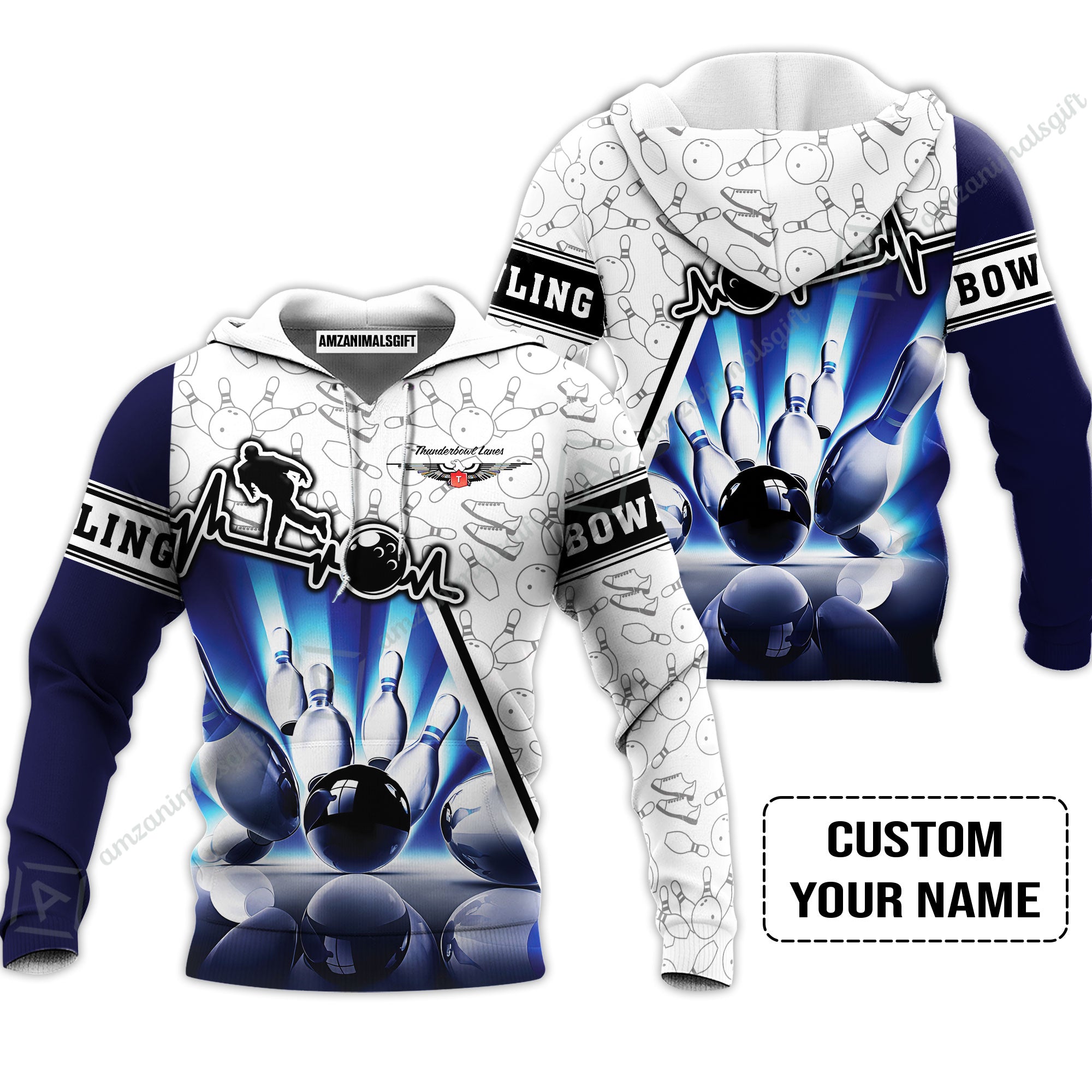 Customized Name Bowling Hoodie, Personalized Unique Design Blue Heartbeat Bowling Hoodie