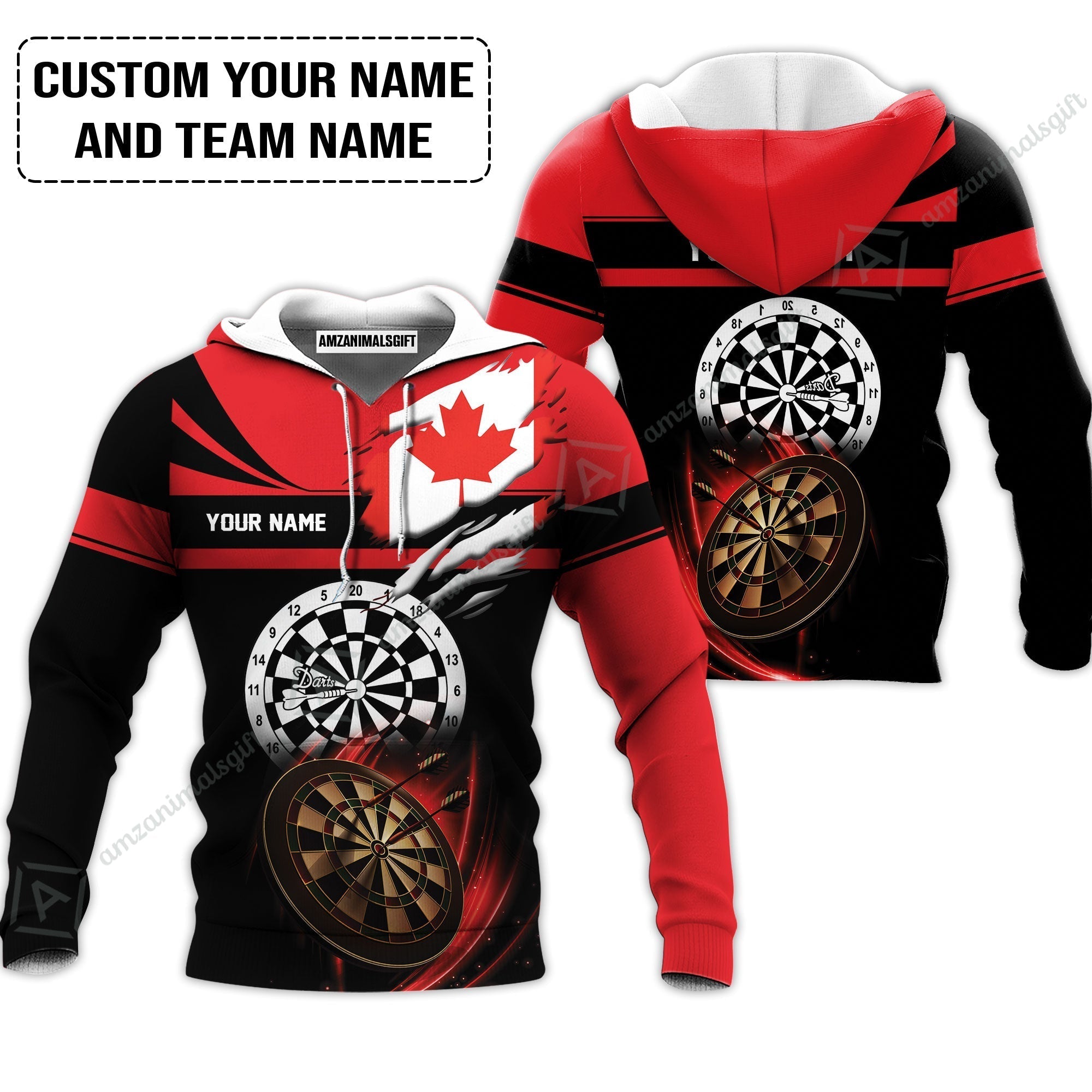 Customized Name & Text Darts Hoodie, Canada Flag Personalized Name Darts Hoodie