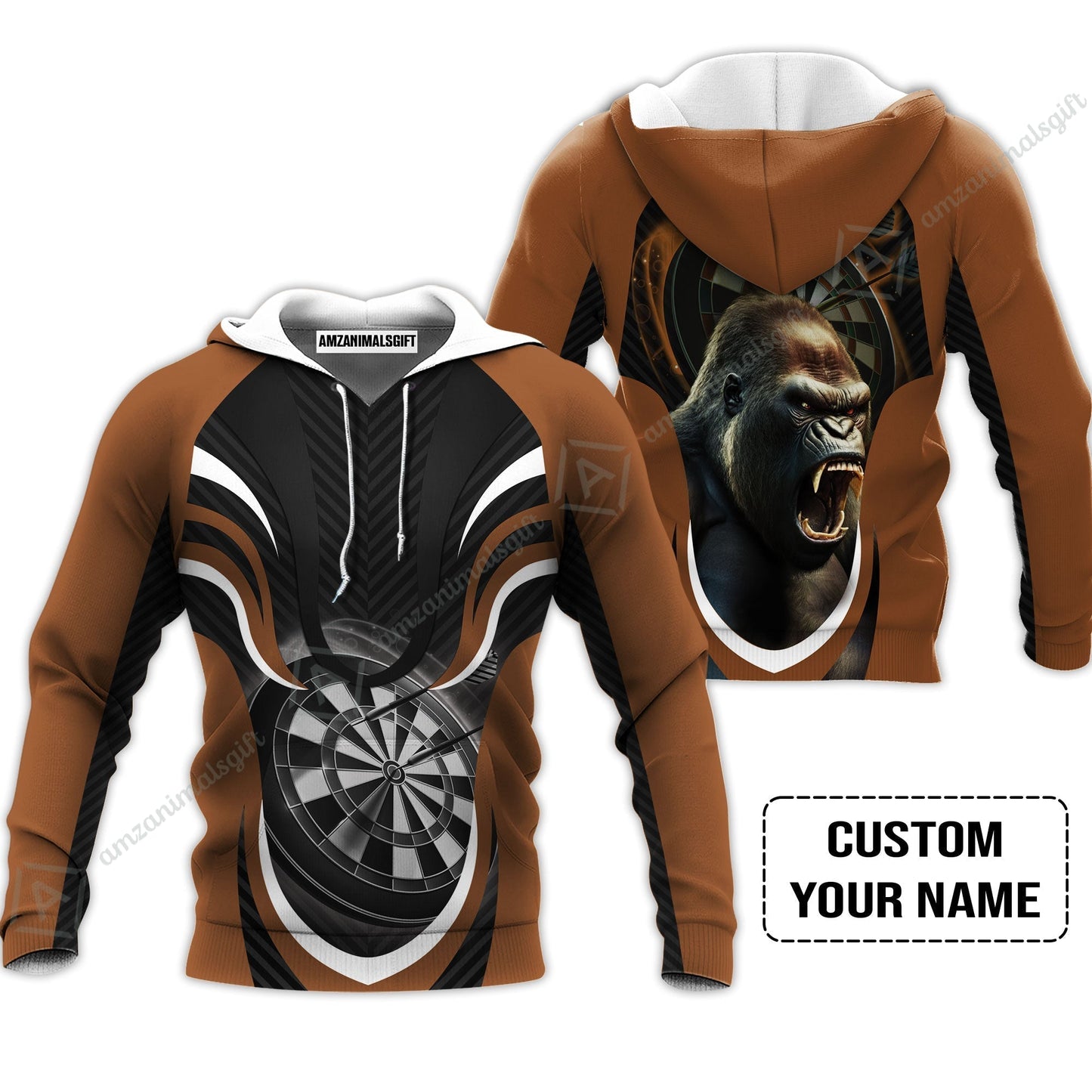 Gorilla And Darts Custom Name Sweatshirt, Bullseye Dartboard Brown Personalized Sweatshirt
