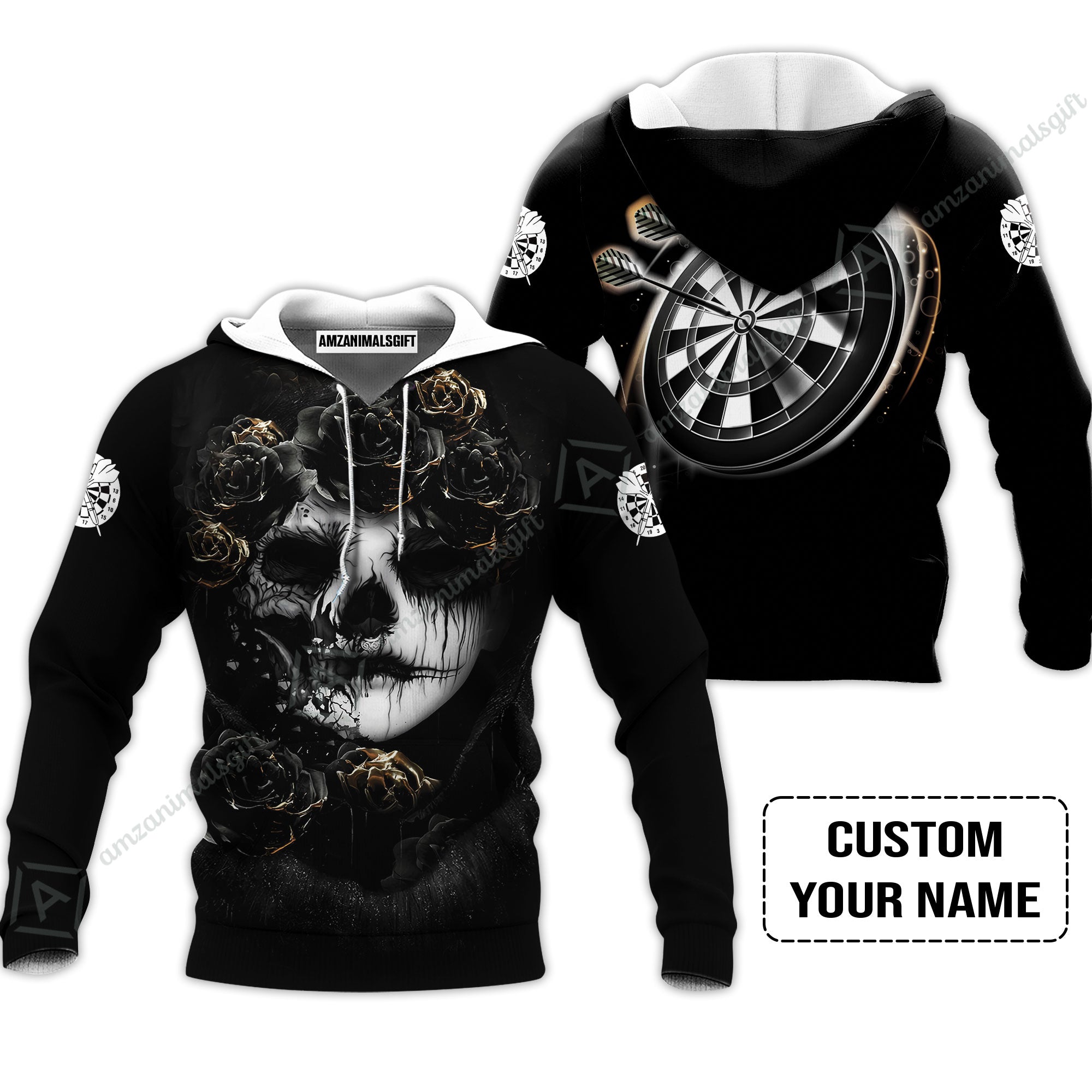 Customized Name Darts Hoodie, Flower Skull Girl And Dartboard Personalized Hoodie