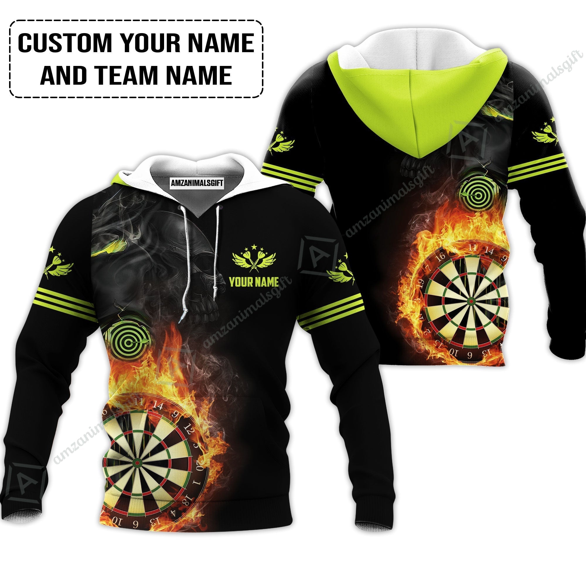 Customized Name & Team Darts Hoodie, Skull Darts Flame Personalized Darts Hoodie