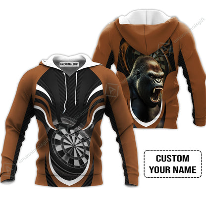 Gorilla And Darts Custom Name Hawaiian Shirt, Bullseye Dartboard Brown Personalized Hawaiian Shirt