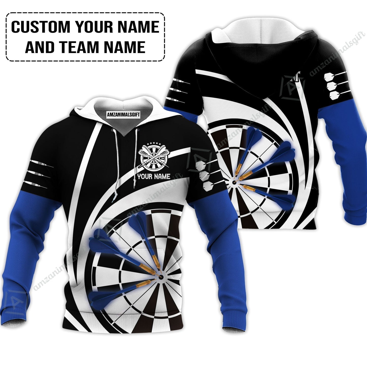 Customized Name & Text Darts T-Shirt, Personalized Name Blue Dark Darts Team T-Shirt