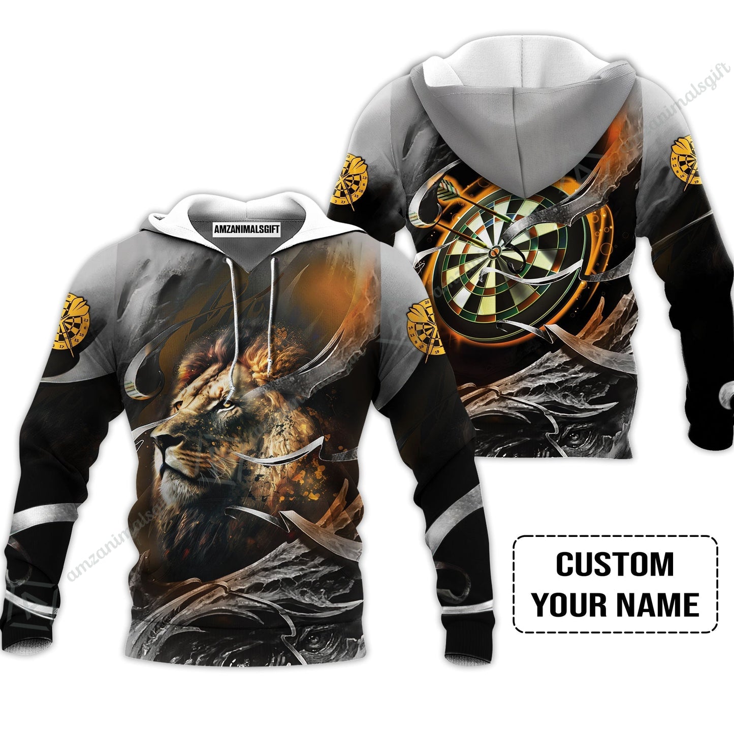Customized Name Darts Sweatshirt, Bullseye Dartboard Personalized Lion And Darts Sweatshirt