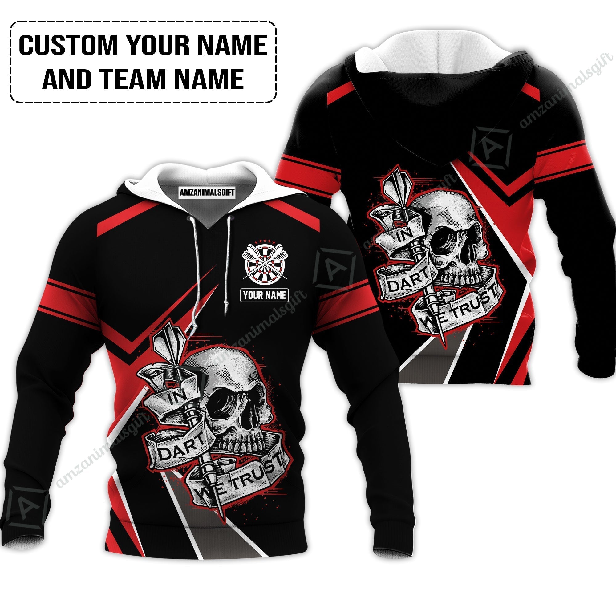 Customized Name & Text Darts Hoodie, Skull In Darts We Trust Personalized Darts Hoodie