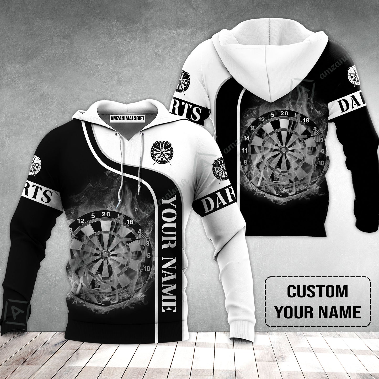 Customized Darts Hoodie, Personalized Black White Darts Hoodie
