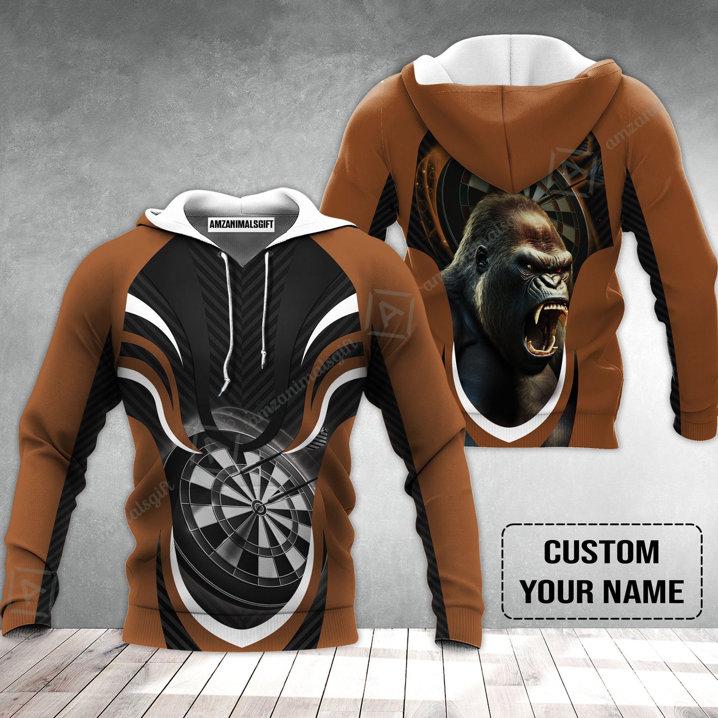 Gorilla And Darts Custom Name Hoodie, Bullseye Dartboard Brown Personalized Hoodie