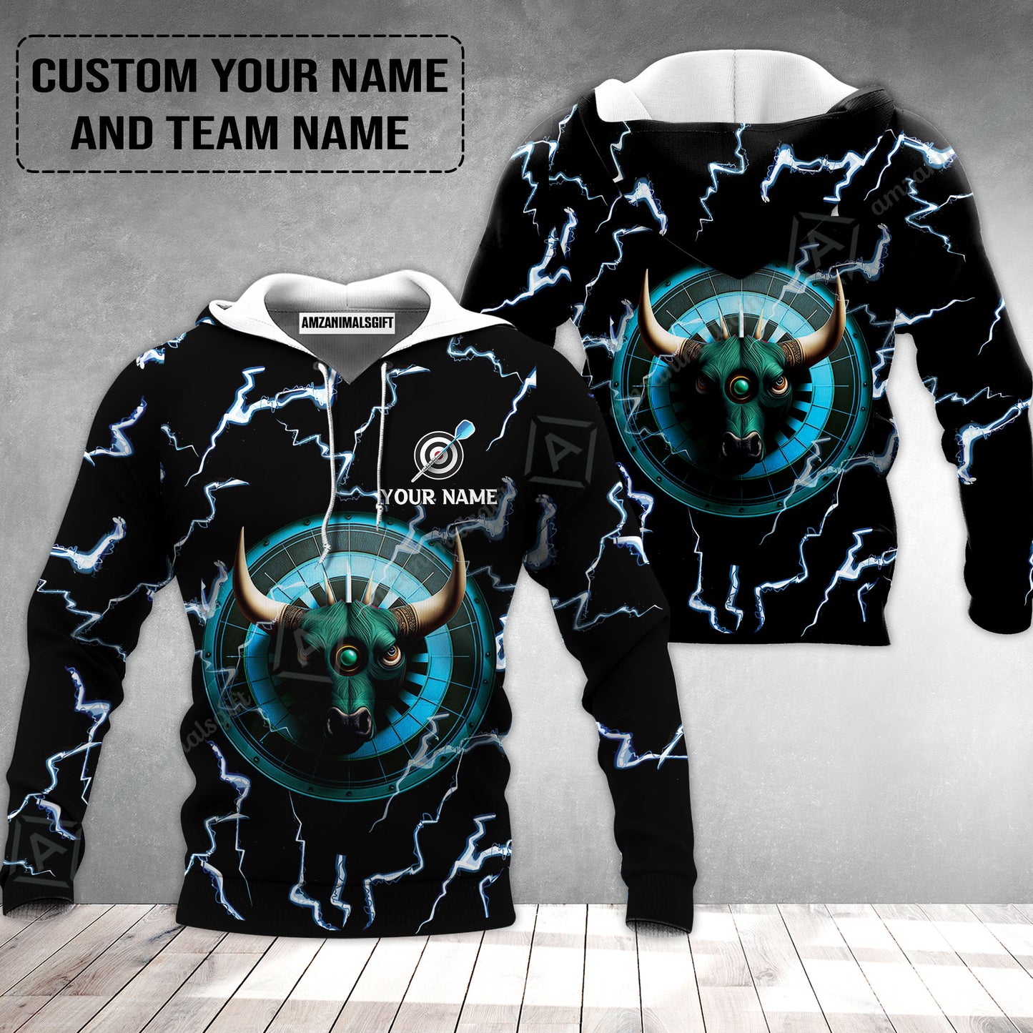 Customized Name & Text Darts Hoodie, Personalized Name Bullseye Dartboard Hoodie