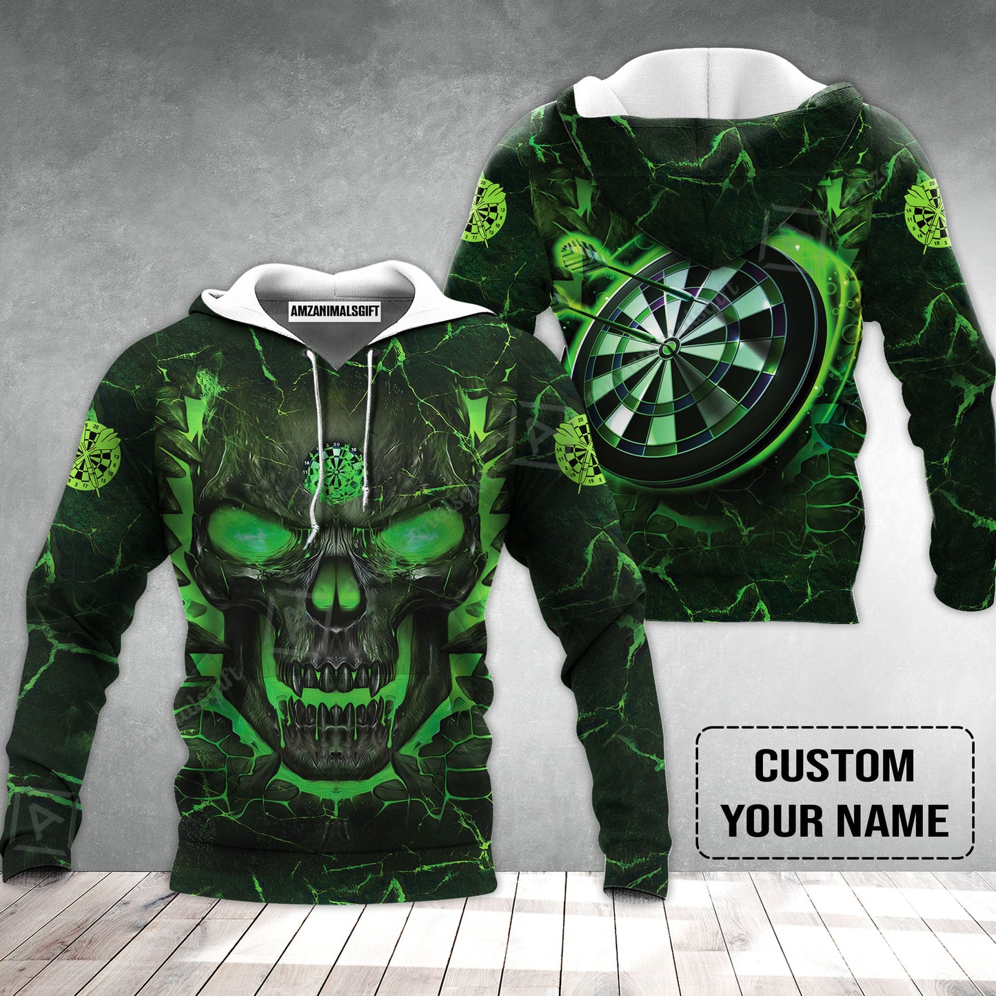 Customized Darts Hoodie, Flame Green Skull Dartboard Personalized Skull And Darts Hoodie