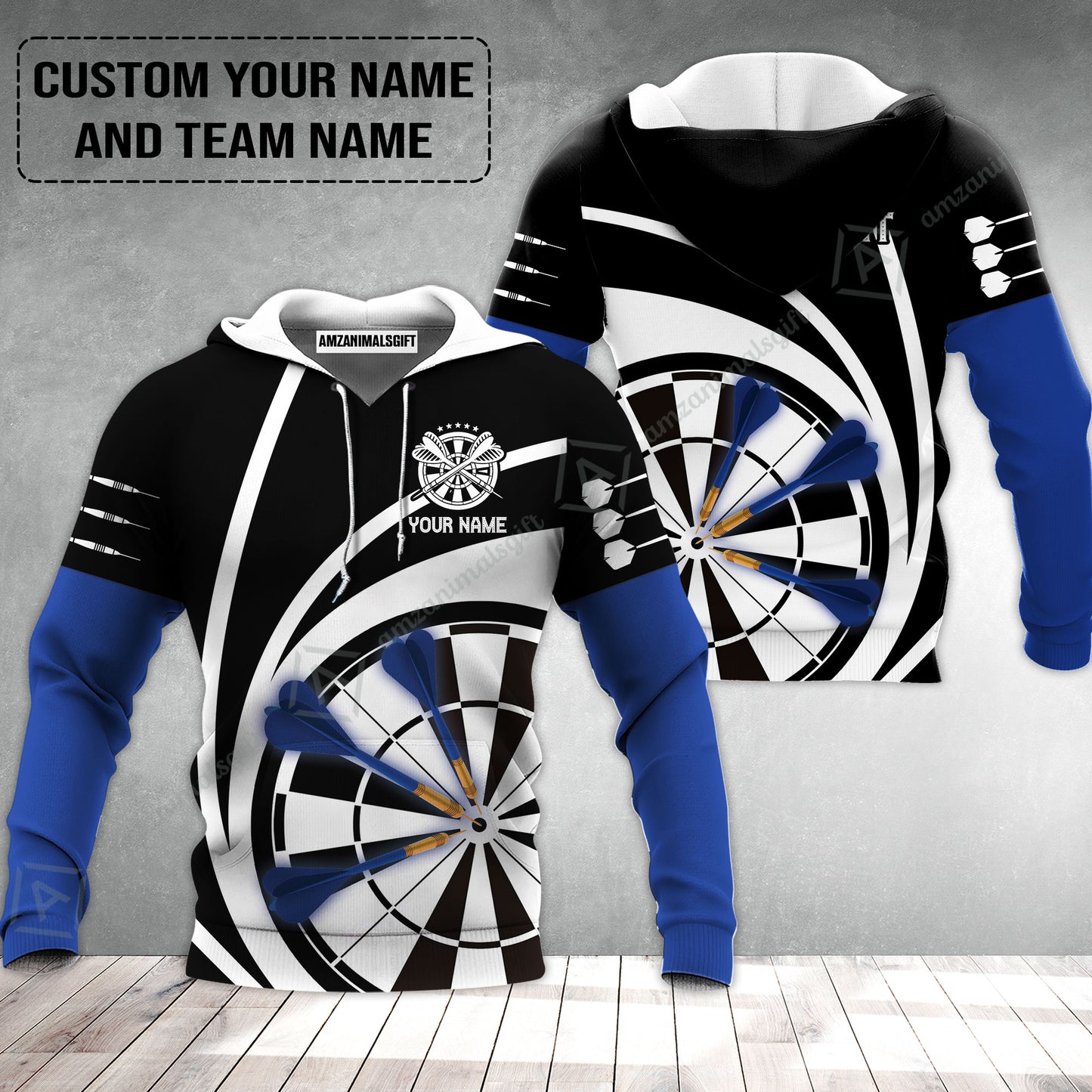 Customized Name & Text Darts Hoodie, Personalized Name Blue Dark Darts Team Hoodie