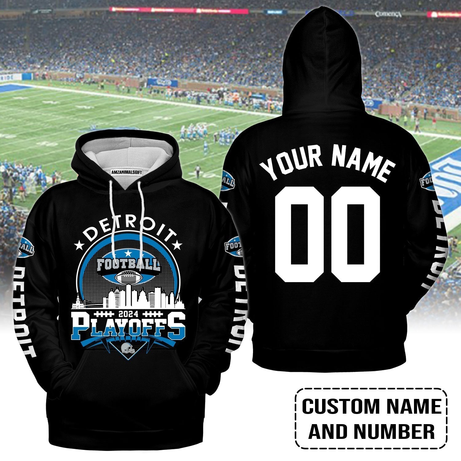 Detroit Football 2023-2024 Playoffs Skyline Custom Name Hoodie, Detroit Game Day Hoodie, Playoffs Shirts For Detroit Football Fans