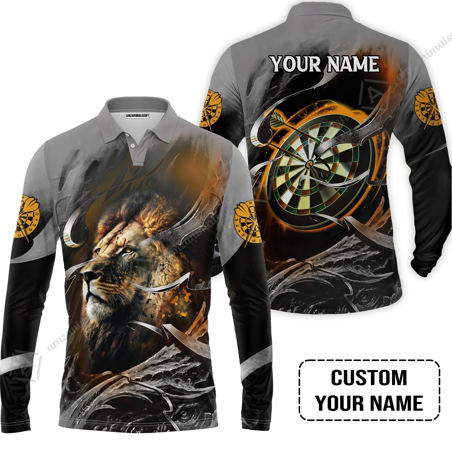 Customized Name Darts Long Polo Shirt, Bullseye Dartboard Personalized Lion And Darts Long Polo Shirt