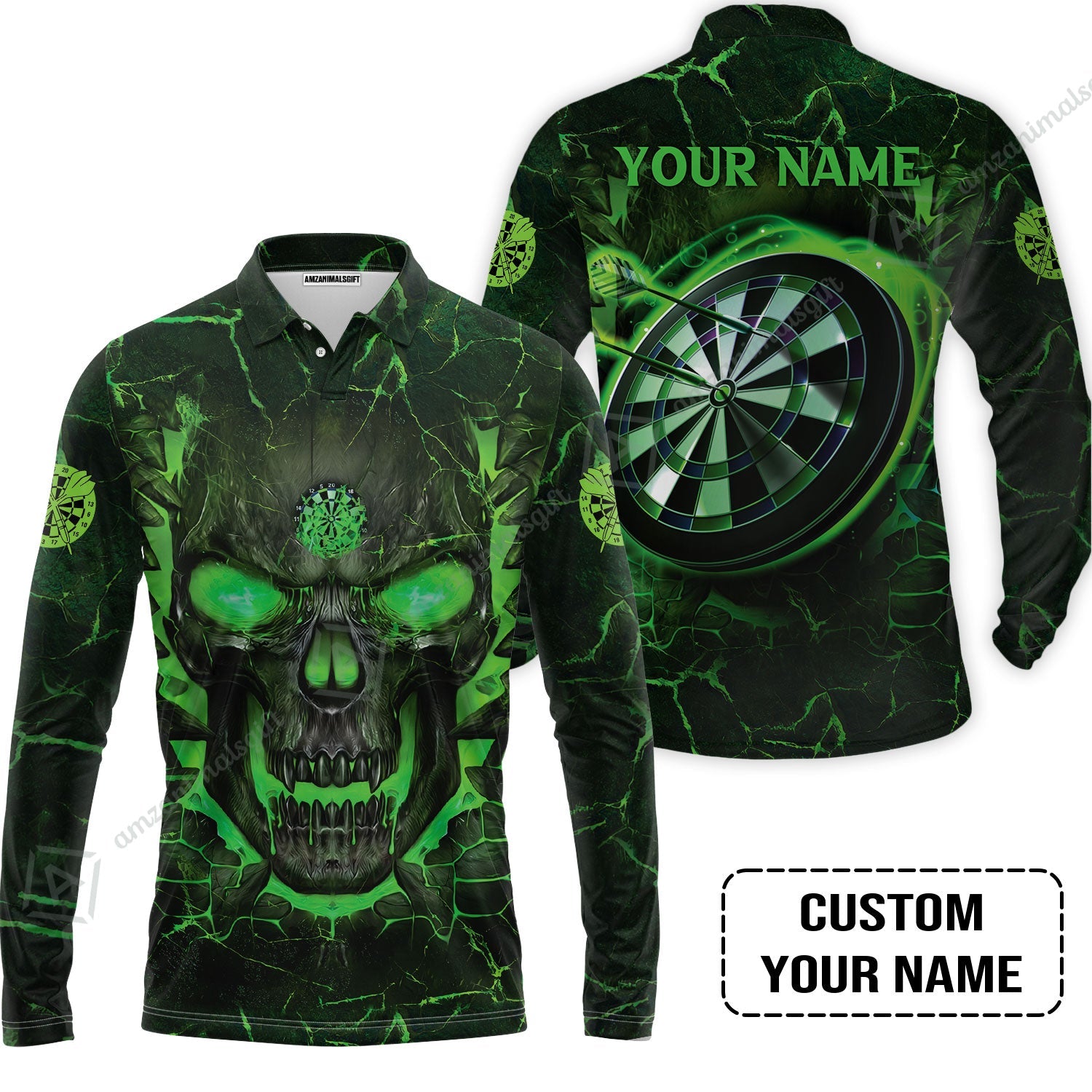 Customized Darts Long Polo Shirt, Flame Green Skull Dartboard Personalized Skull And Darts Long Polo Shirt