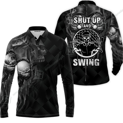 Men Golf Zip Polo Shirt - Scary Skull Golf Shut Up Shirt Design For Men, Best Halloween Zip Polo Shirt