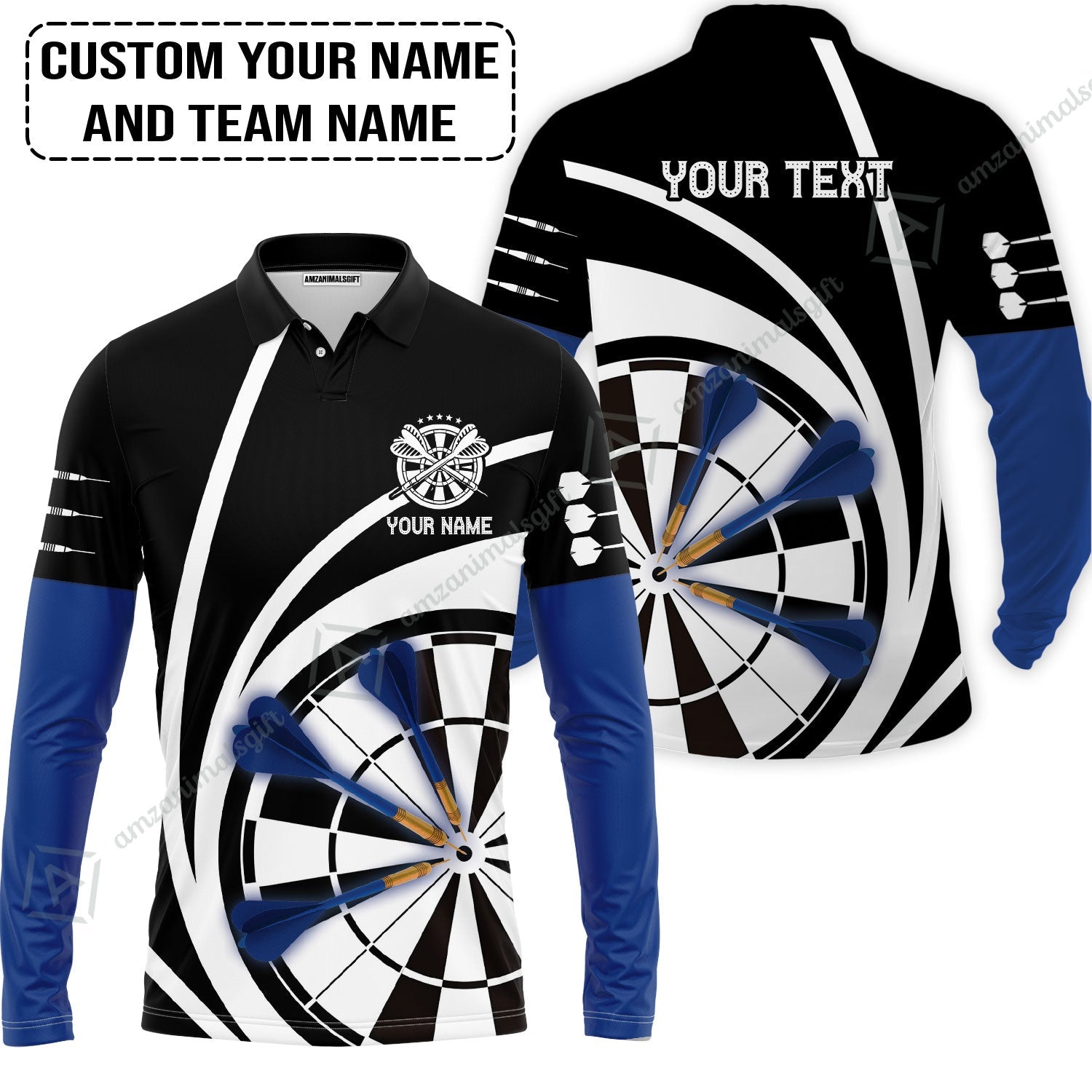 Customized Name & Text Darts Long Polo Shirt, Personalized Name Blue Dark Darts Team Long Polo Shirt