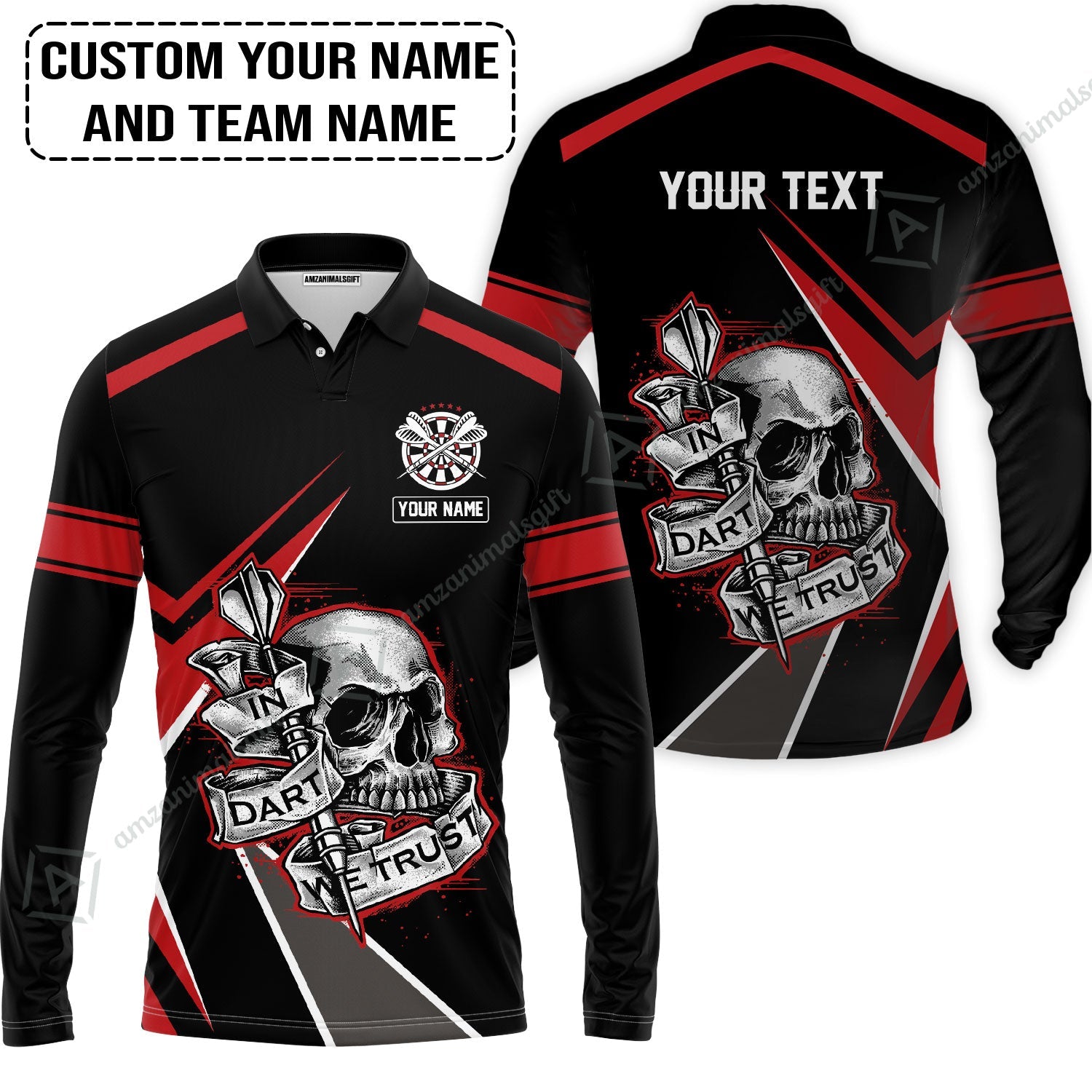 Customized Name & Text Darts Long Polo Shirt, Skull In Darts We Trust Personalized Darts Long Polo Shirt