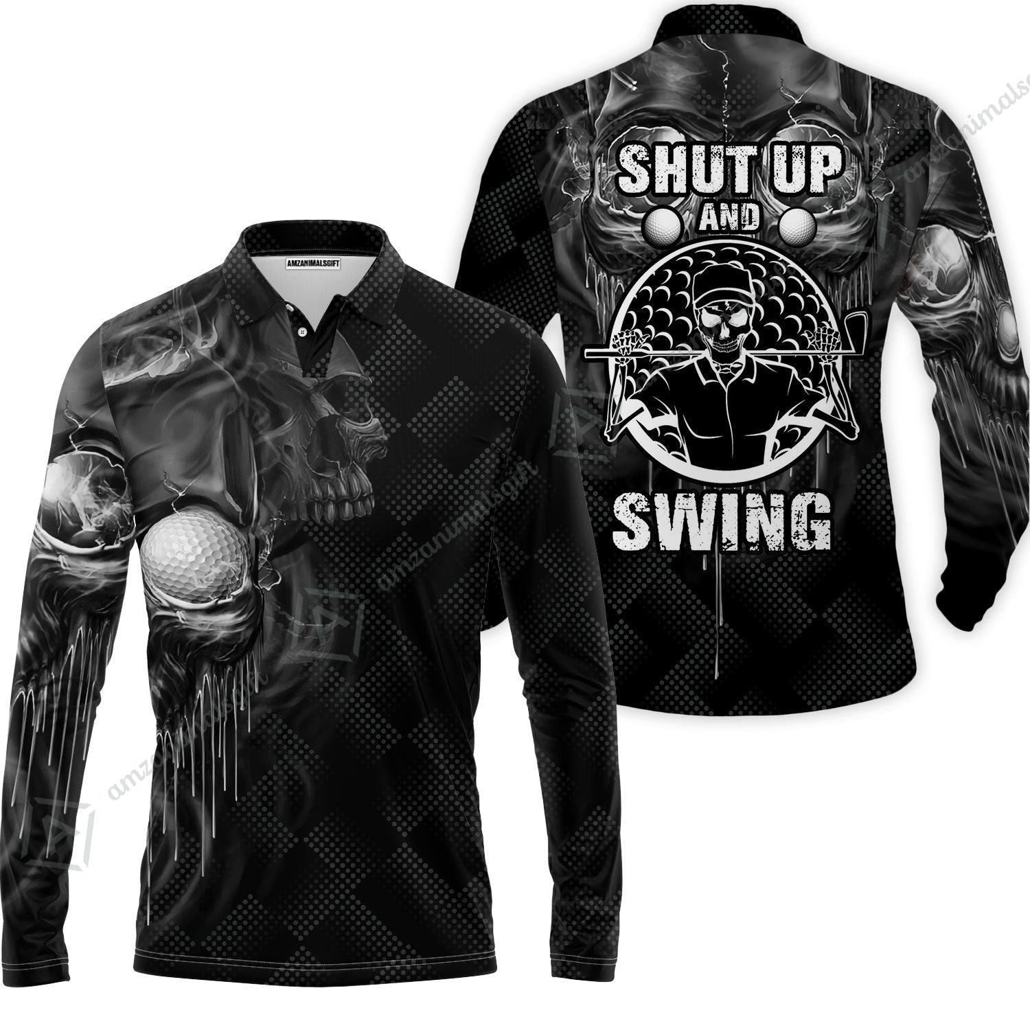 Men Golf Long Polo Shirt - Scary Skull Golf Men Polo Shirt, Golf Shut Up Shirt Design For Men, Best Halloween Long Polo Shirt
