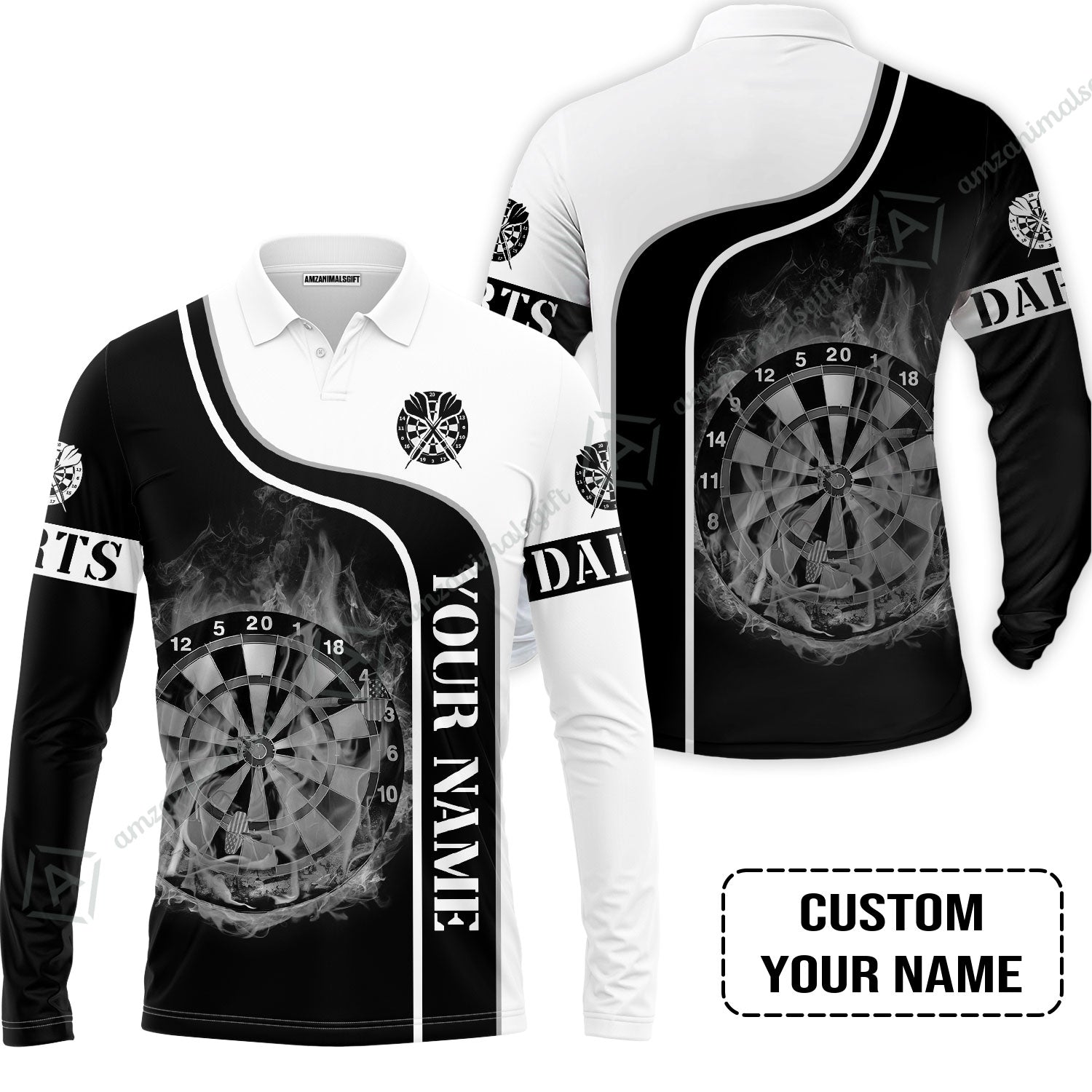 Customized Darts Long Polo Shirt, Personalized Black White Darts Long Polo Shirt