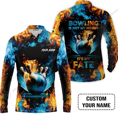 Bowling Custom Long Polo Shirt - Custom Name Blue Bowling Ball And Pins On Fire Personalized Bowling Long Polo Shirt