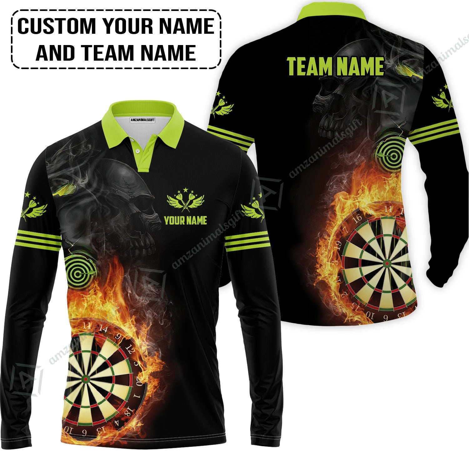 Customized Name & Team Darts Long Polo Shirt, Skull Darts Flame Personalized Darts Long Polo Shirt