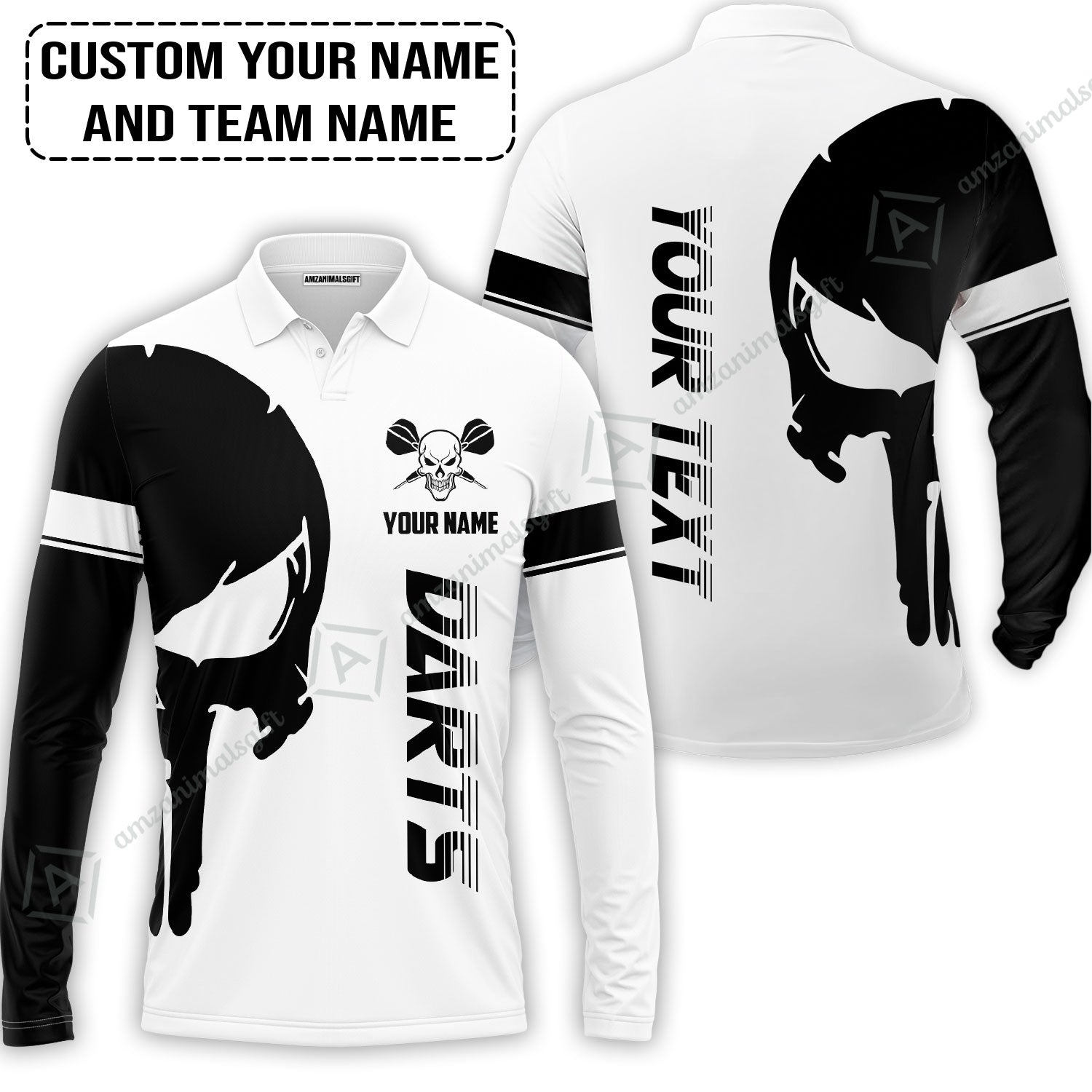 Customized Name & Text Darts Long Polo Shirt, Darts Skull Personalized Name Darts Long Polo Shirt