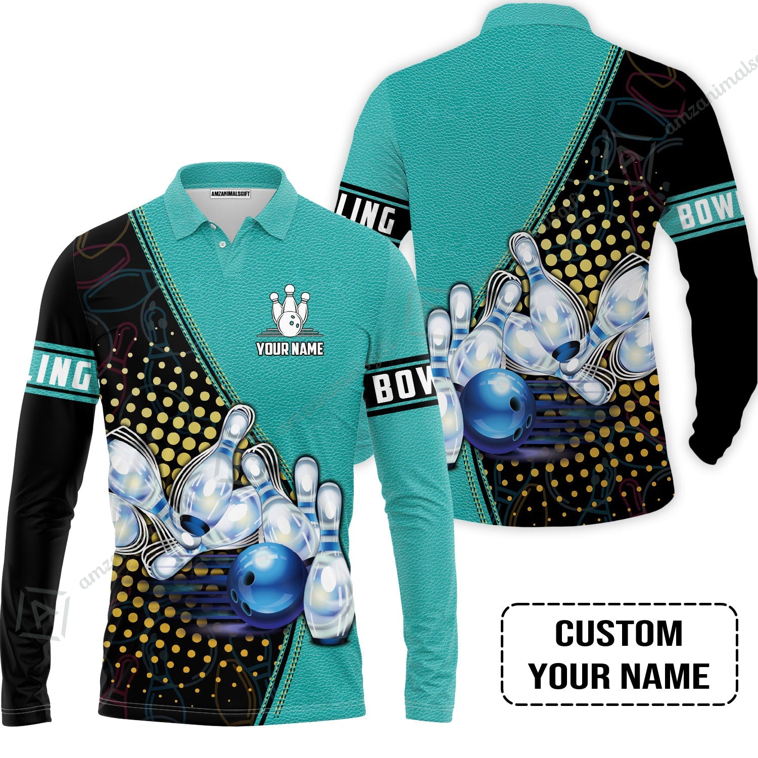 Custom Bowling Long Polo Shirt - Black And Blue Bowling Ball Pattern Personalized Name Long Polo Shirt