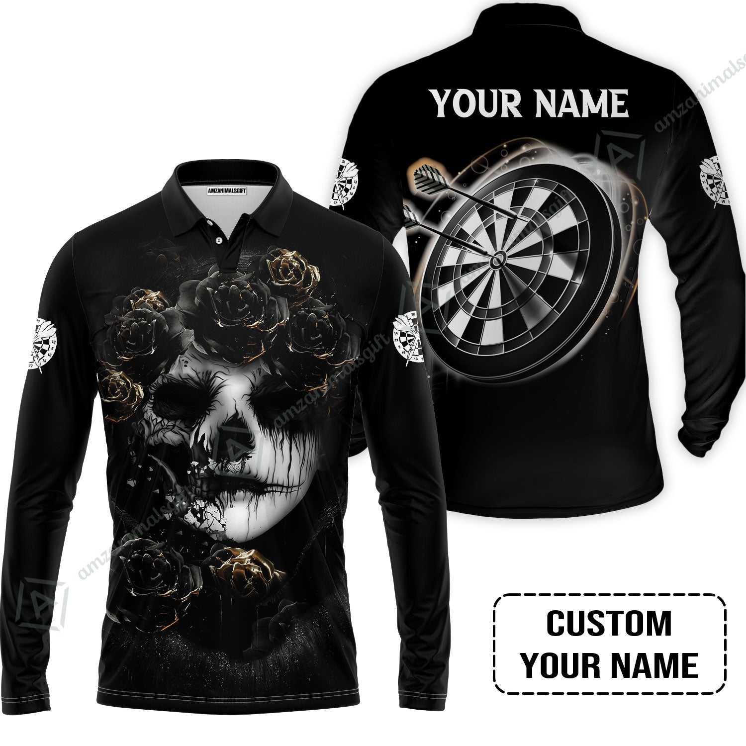 Customized Name Darts Long Polo Shirt, Flower Skull Girl And Dartboard Personalized Long Polo Shirt