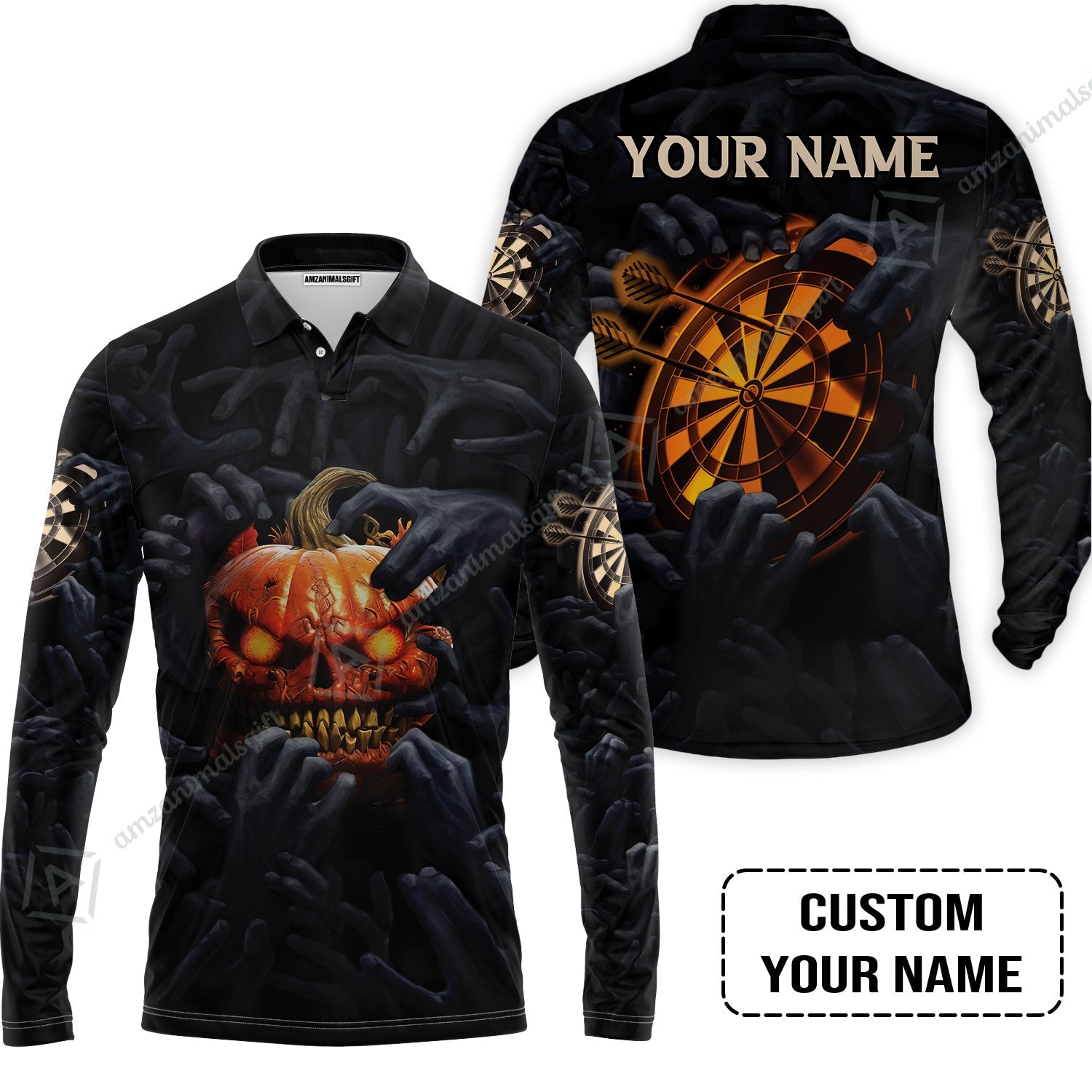 Customized Name Darts Long Polo Shirt, Bullseye Dartboard Personalized Pumpkin And Darts Long Polo Shirt